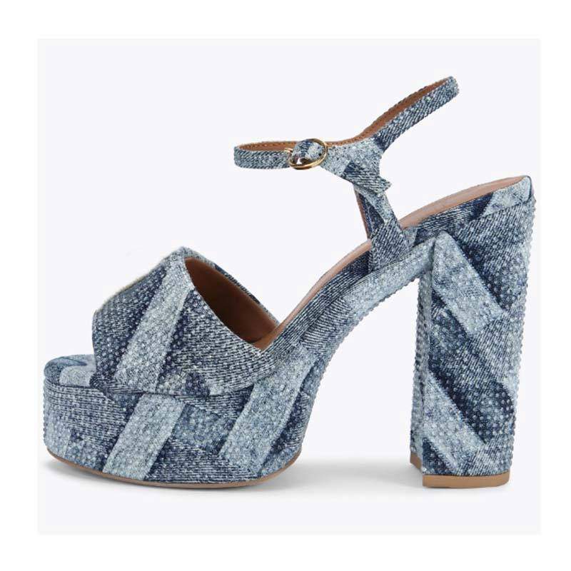 Women's Summer New Style Ankle-Strap High Heels with Platform, Rhinestones, Thick Block Heel Fashionable Versatile Sandals