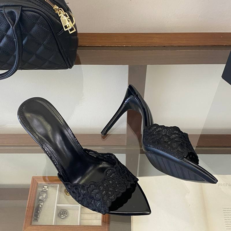 New Zapatos Verano Women Pointed Toe Mules Gold Lace Hollow Out Stiletto Sandals Breathable Slip on Pumps Party Heels