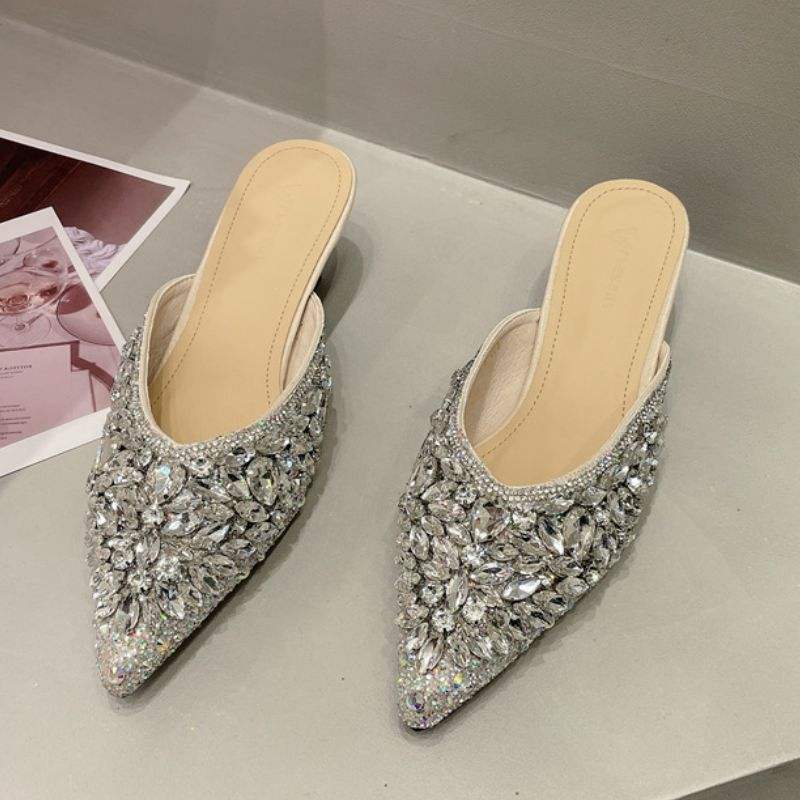 Silver Rhinestone Diamond Elegant Tacones De Mujer Sexy Mules Low Women Kitten Heels for Ladies