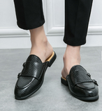 Size 38-47 Closed Toe Men Mules PU Leather Monk Strap Design Backless Half Loafers Men Home Slippers