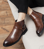 Classy PU Leather Boots Size 38-47 Pointed Toe High Ankle Rubber Outsole Formal Occasion Usable Leather Flat Ankle Boots
