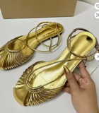 Elegant Metallic Gold Strappy Flat Sandals Round Toe Ankle Wrap Casual Summer Flat Shoes for Women