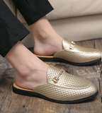 Men Quilted Backless Loafer Slip on Gold Metal Accent Horsebit Detail Cushioned Insole Breathable Lining Slides Slippers for Men