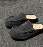 Minimalist Men Suede Leather Platform Mules Penny Loafer Round Toe Chunky Sole Slip on Casual Elegant Backless Loafers Cream