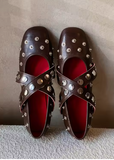 Genuine Sheepskin Leather Mary Jane Flats for Women Studded Round Toe Cross Strap Walking Shoes Punk Style Lady Flat