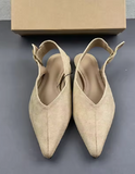 Women Black Faux Suede Flat Mules Pointed Toe V Neck Vamp Adjustable Back Slingback Strap Minimalist Casual Slip on Shoes