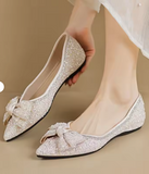 Large Size Rhinestone Luxury Slip on Bow Loafers Office Lady Moccasins Sepatu Flat Shoes for Women