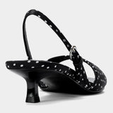 Retro Chic Women's Kitten-Heel Mules Black-White Polka-Dot Buckle Heeled Sandals for Ladies