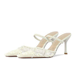 Scarpe Donna Tacco Alto Pink Lace Floral Stiletto Mules Pointed Toe Party Heels for Women