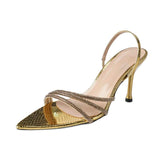 Women's Stiletto Heels Sandals Snakeskin Pattern Rhinestone-Strapped with Back Pull Tab (Gold) Ladies Sexy Pumps