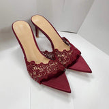 Women's Delicate Lace Satin Pointed Toe High Heel Mules Slip on Stiletto Heeled Sandals for Evening Party Daily Elegant Wear
