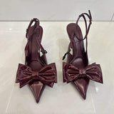 Bow Pointed Toe Spring Summer Mules Talons Haut Sexy Escarpins Wine Red Trending Women Heels