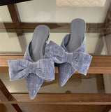 Pointy Toe Bow Knot Flat Slides Elegant Backless Dress Shoes Women Wedding Party Casual Daily Wear Mule Slippers