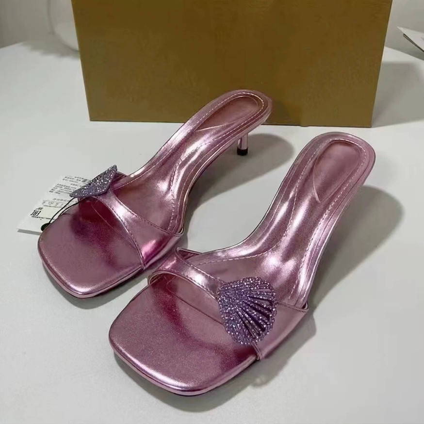 Women's Square-toe Stiletto Sandals with Shell-shaped Shiny Buckle Decoration Sexy Elegant Purple Ladies Sandals