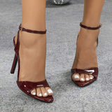 Cross-Border Ladies' Patent Leather Single-Strap Pointed-Toe Women Heeled Stiletto Sandals - Burgundy High Heels