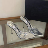 Elegant Nude Peep Toe Mules Clear PVC Strap Sexy Stiletto Heels Summer Office Wear Slippers