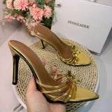 Shiny Gold Flowers Stiletto Thin Heeled Sandals Women Slip on Mules Summer Fashion Party Shoes High Heels