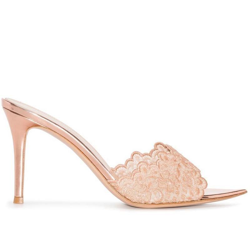 Women's Delicate Lace Satin Pointed Toe High Heel Mules Slip on Stiletto Heeled Sandals for Evening Party Daily Elegant Wear