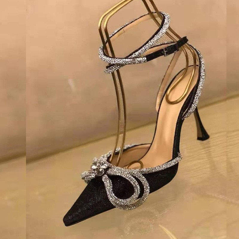 Sequin Silver/Black Talon Pour Femme Trendy Cover Toe Crystal Diamond Bow Latest 2025 Women Heels