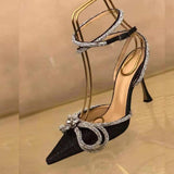 Sequin Silver/Black Talon Pour Femme Trendy Cover Toe Crystal Diamond Bow Latest 2025 Women Heels
