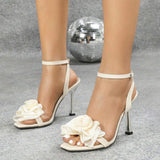 Ladies' High-Heeled Sandals Electroplated Square-Toe with 3D Flower Embellishments Ankle Strap Summer Causal Shoes for Women