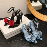 Es Chaussures Talon Femmes Escarpins Slip on Style Rose Flower Denim High Heel for Women