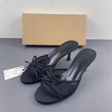 Women Elegant Black Mesh Bow Accent Open Toe Stiletto Heel Mules Backless Slip on Dress Sandals for Office Work Party Occasions