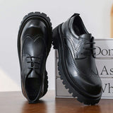 Thick Sole Height Increasing 4cm Good Quality Brogue Pattern Loafers Round Toe Lace up Durable Men Chunky Dress Shoes