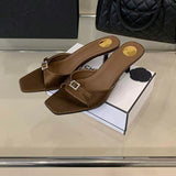 Brown Satin Square Toe Mules Crystal Buckle Elegant Slip on 5cm Heel Womens Dress Shoes Ladies Slippers