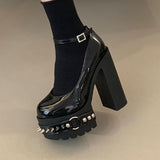 11cm High Platform Riveted Punk Large Patent Leather Women's Shoes Coarse Round Toe Size 43 Fashion Heels