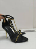Gold Ankle-Strap High Heels Shoes - Peep-Toe, Metal Chain, Pointed-Toe Women's High-Heel Sandals