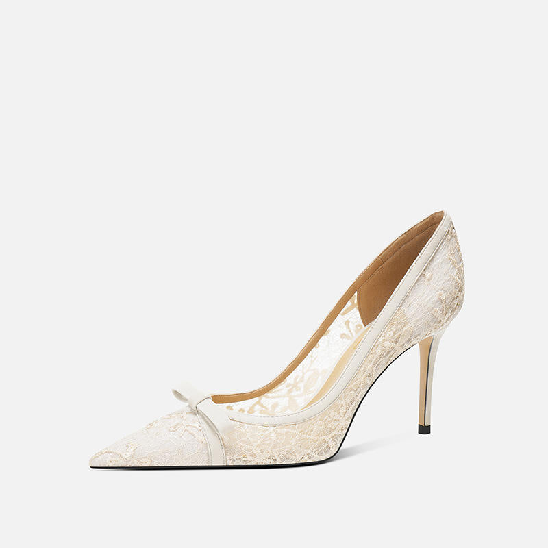 White Wedding Shoes Bridal Designer Lace Pointed Stiletto Female Temperament Heels