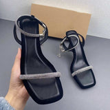 Sandals Zapatos Mujer Saltos Rhinestone Black Ankle Strap Square Toe Heels for Ladies