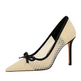 New Spring Autumn Women Pumps Pointed Toe Thin Heel Sweet Mesh Shoes Elegant Bow-knot Shallow Slip-on High Heels