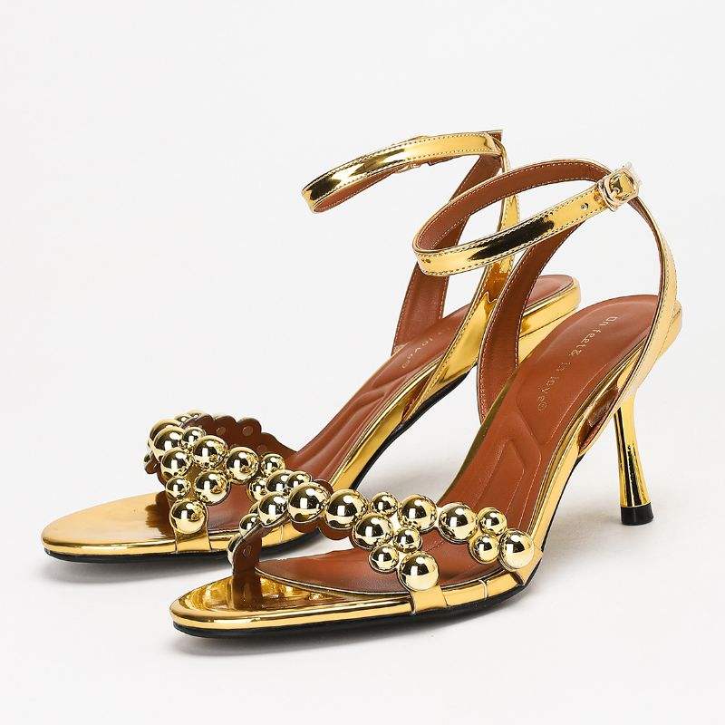 2026 Metal Decoration Gold Silver Studs Elegant Party Summer Open Toe Heeled Sandals for Club Evening