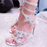 Elegant Flower Stiletto Shoes Women Sexy Rhinestone Strappy Wedding Sandals Fairy Lace Floral Dress High Heels