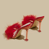 Feather Fur New Fashion Summer Spring Cute Mules Lady Sandals Slippers Elegant 2025 Heels for Women