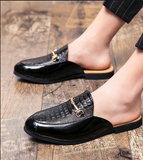 Elegant Men Slip on Flat Mules PU Leather White Embossed Vamp Metal Buckle Decor Closed Toe Slippers for Party Date Daily Use
