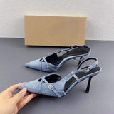 Es Chaussures Talon Femmes Escarpins Slingback Style Pointed Toe Denim High Heel for Women