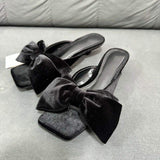 New Style Women's Black Velour Bow-Embellished Square-Toe Open-Toe Low-Heel Stiletto Slide Sandals for Outdoor Wear