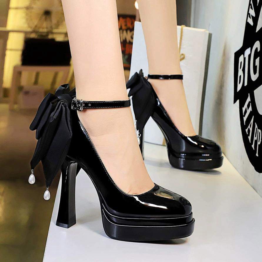 Women's High-Heel Platform Pumps with Double-Layer Waterproof Sole, Slip-On Buckle Strap and Large Back Bow