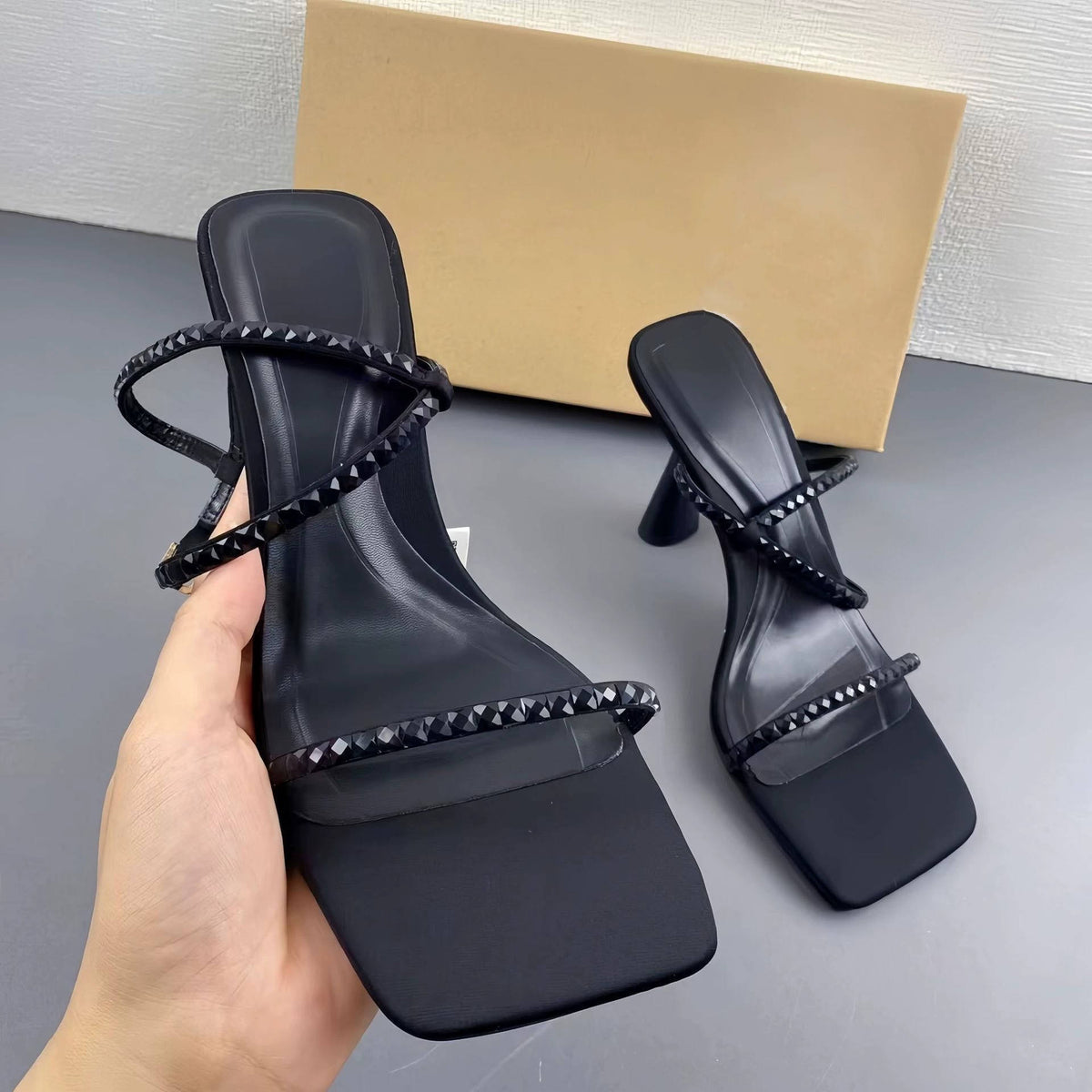 Women's French-style Casual Backless Sandals with Square Toe, Single Strap, Rhinestones and Cup Heels