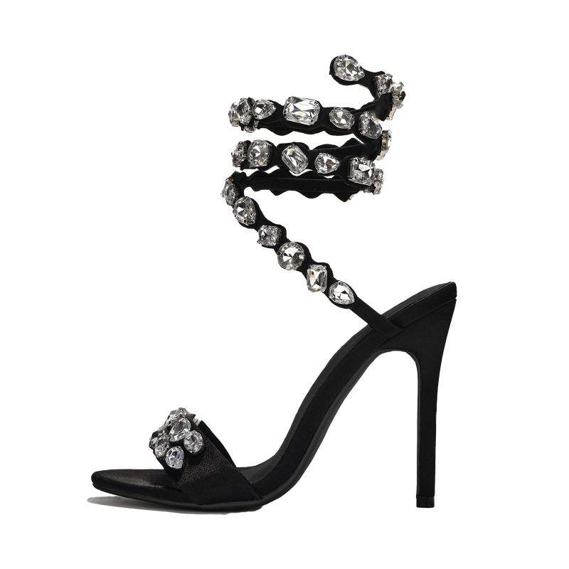 Ankle Wrap Lace up Chaussures a Talons Sharp Toe Luxury Sexy Diamond Gold Strappy Heels for Women