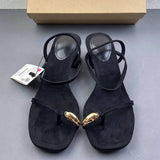 Minimalist Black Faux Suede Sandals Gold Pebble Accent Square Toe Chunky Low Block Heels Elegant Summer Dress Shoes