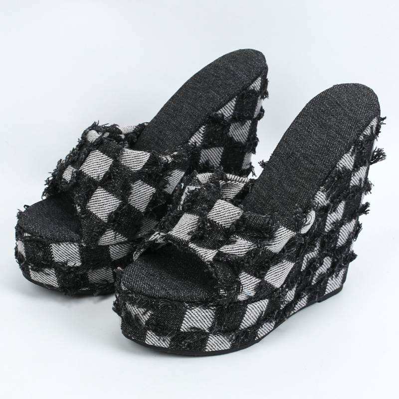 Denim Fashionable Sexy Sapato De Salto Slip on Thick Sole Open Toe Sandals Wedge Platform Heels