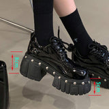 8CM Shiny Patent Leather Round Toe Wedge Heel Thick Soled 5-43 Rivet Punk Style Women's Shoes