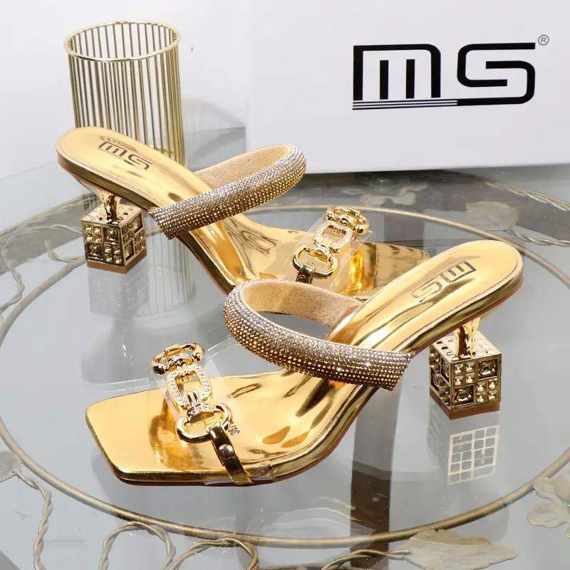 Unique Chaussures Dames De Luxe Talon Square Toe Gold Fashion Trending Women Ladies Fancy Heels