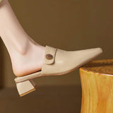 Women Genuine Leather Mules Square Toe Block Heel Slides Sheepskin Insole Breathable Comfort Professional Work Shoes Brown