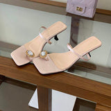 New 2026 Kitten Heel Mules Crystal Square Toe Strappy Sandals for Evening Party Wedding Slippers