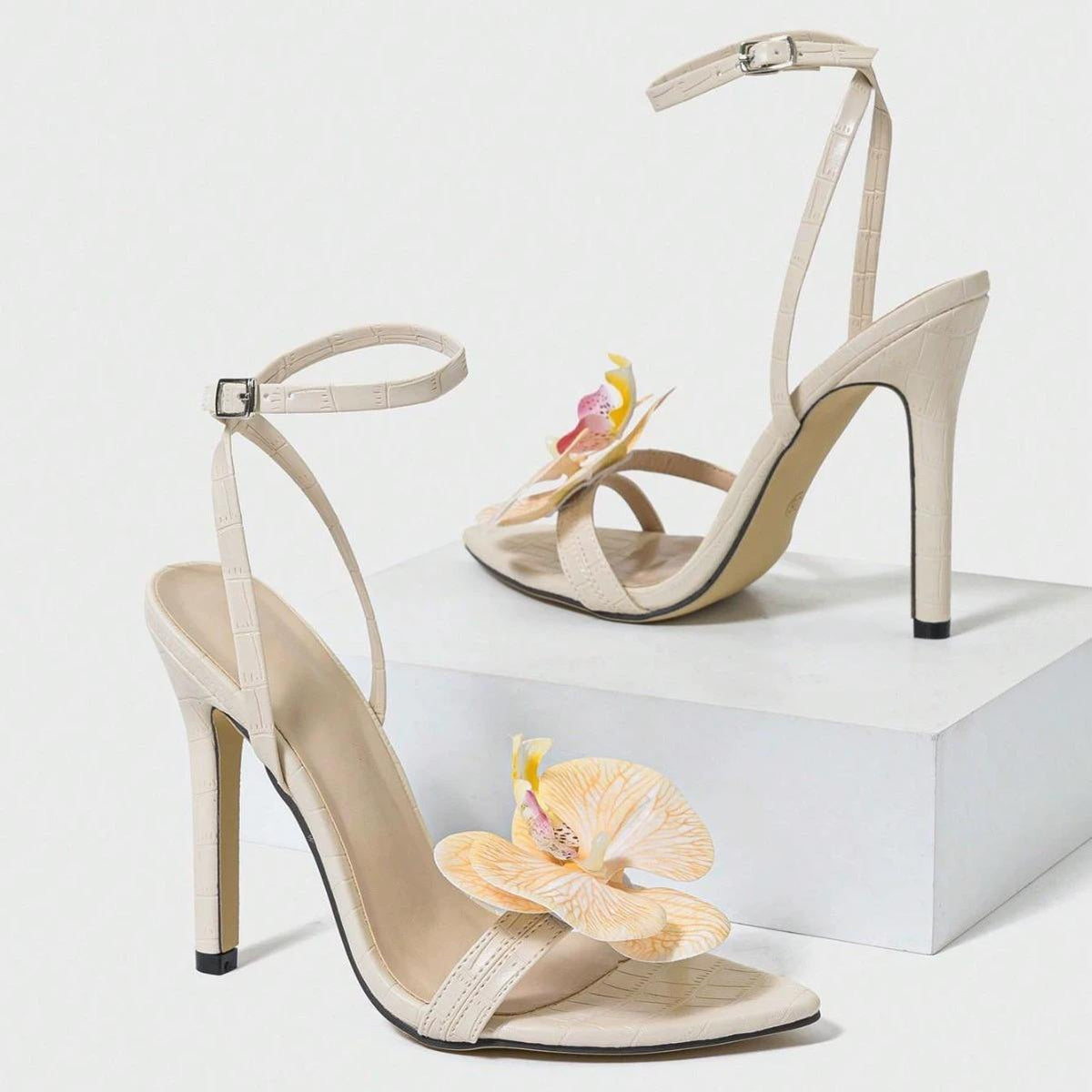 Wholesale Ladies' Pointed-Toe 3D Floral Embellished Ladies Stiletto-Heel Sandals - Gorgeous Party Apricot High Heels Pumps